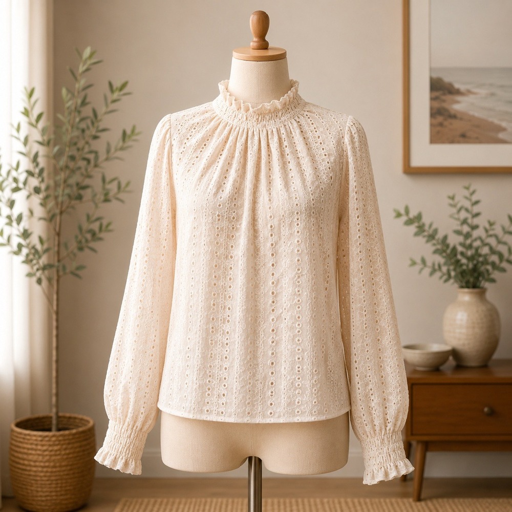 NWT Cupshe Blouse Womens Medium Cream Eyelet Textured Mock Neck Long Sleeve Top
